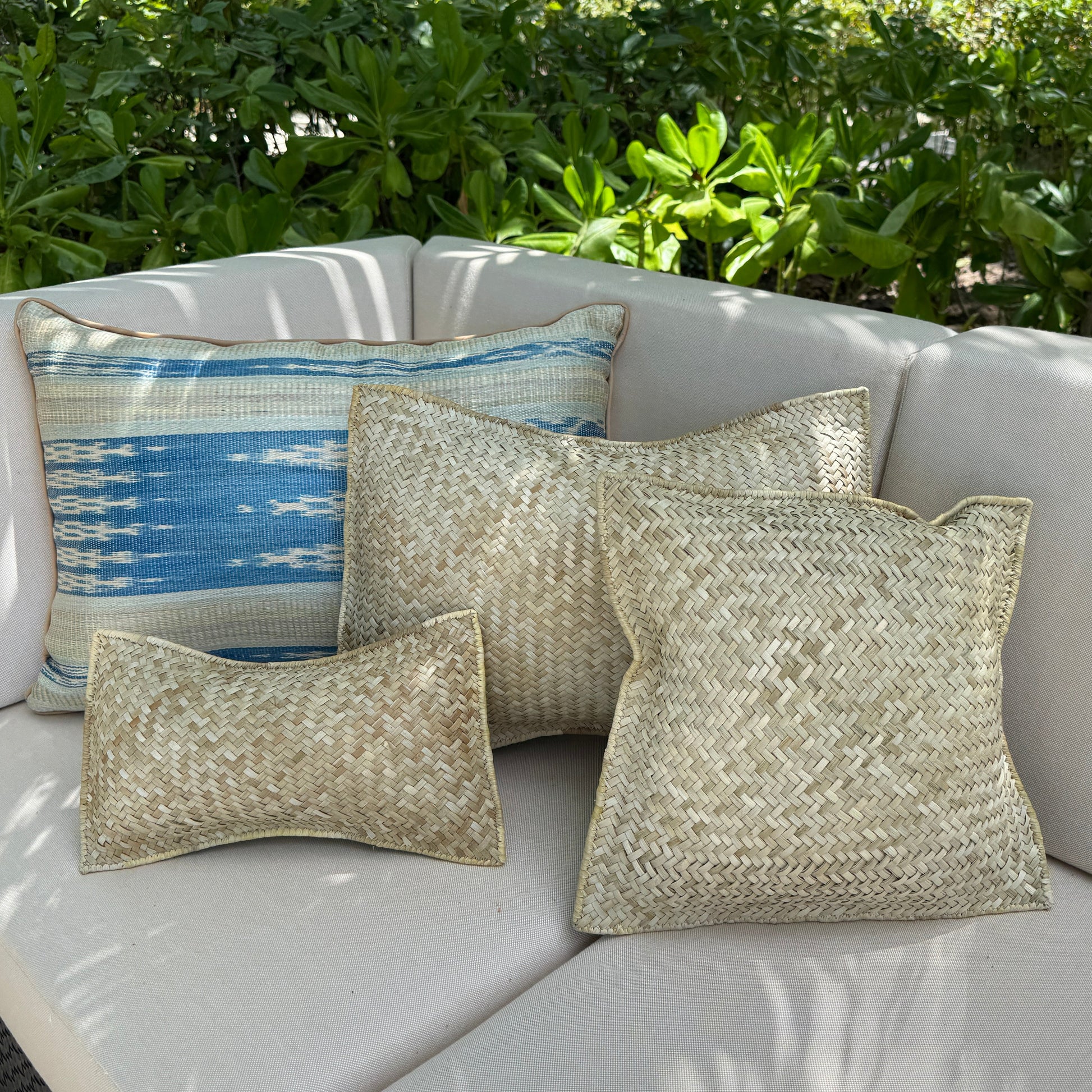 Set of three woven pandan cushions, handmade throw pillow trio — Kapalua Living