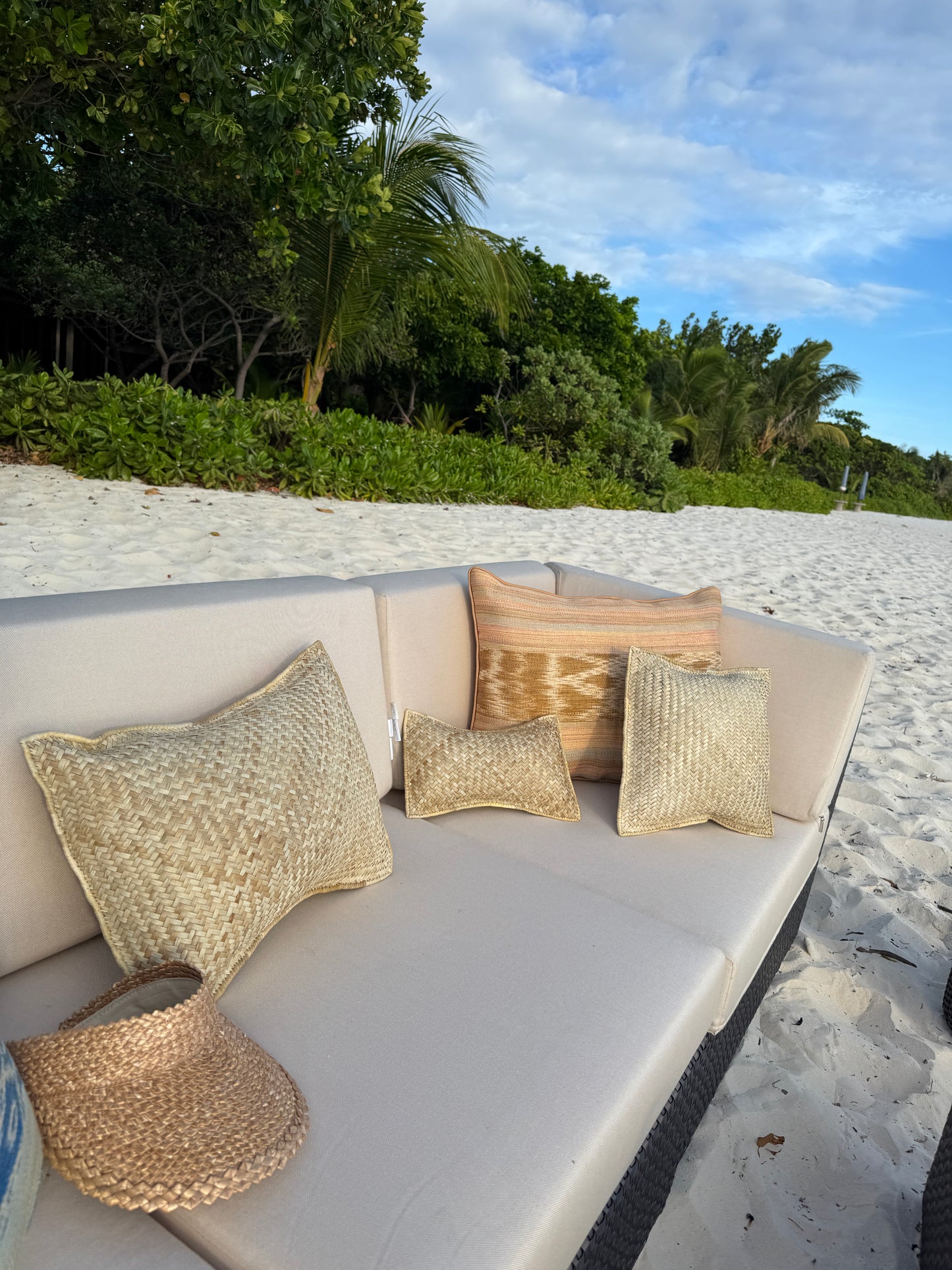 Set of three pandan throw pillows, artisan-made in Palawan — Kapalua Living